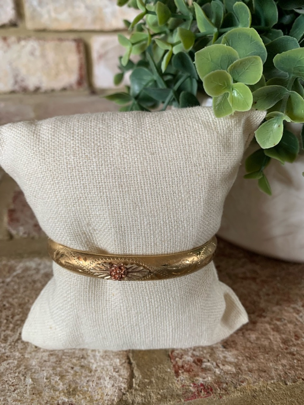 Vintage Gold Tone Floral Engraved Bracelet with Rose Accent